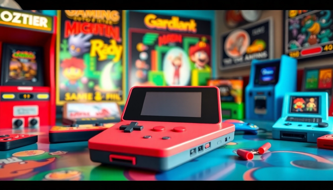 Showcasing a Retro Game Handheld amid nostalgic gaming décor for a vibrant ambiance.