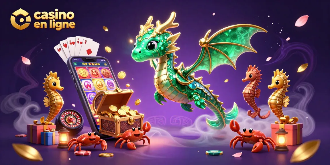 Profitez d'une scène magique de casino en ligne avec un dragon et des jeux colorés.