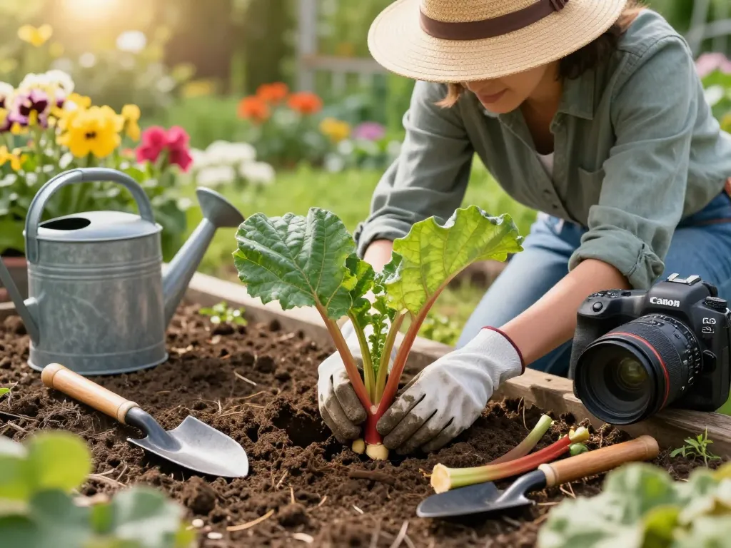 Gardener planting rabarber stekken kopen in a vibrant garden setting.