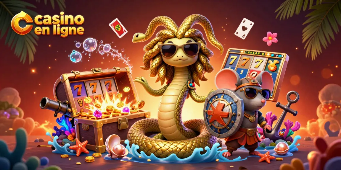 Visualisez l'univers du casino en ligne avec Medusa et un guerrier souris, entourés d'éléments de jeux.