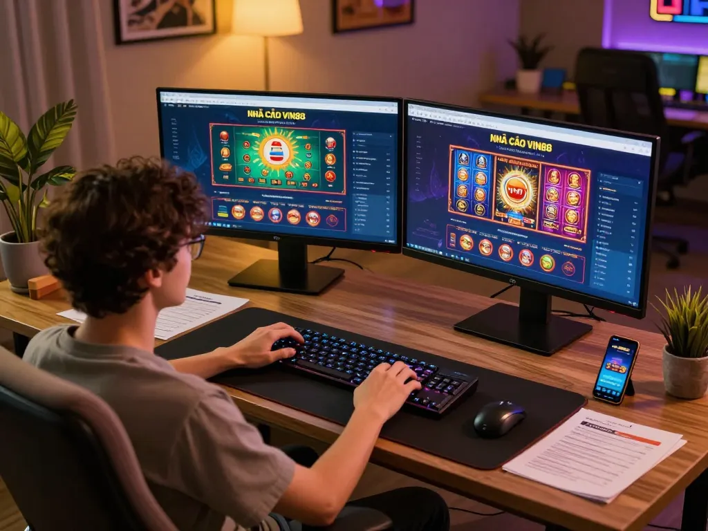 Engaging online gaming scene with NHÀ CÁI VIN88 displayed on dual monitors, inviting atmosphere for strategic play.