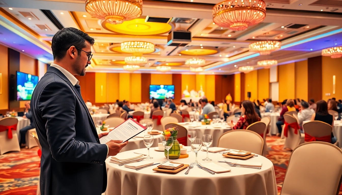 Event management setup showcasing an elegant conference hall with engaged participants.