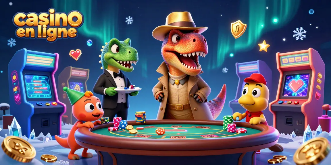 Jouez dans un casino en ligne avec un velociraptor à une table de blackjack et un décor coloré.