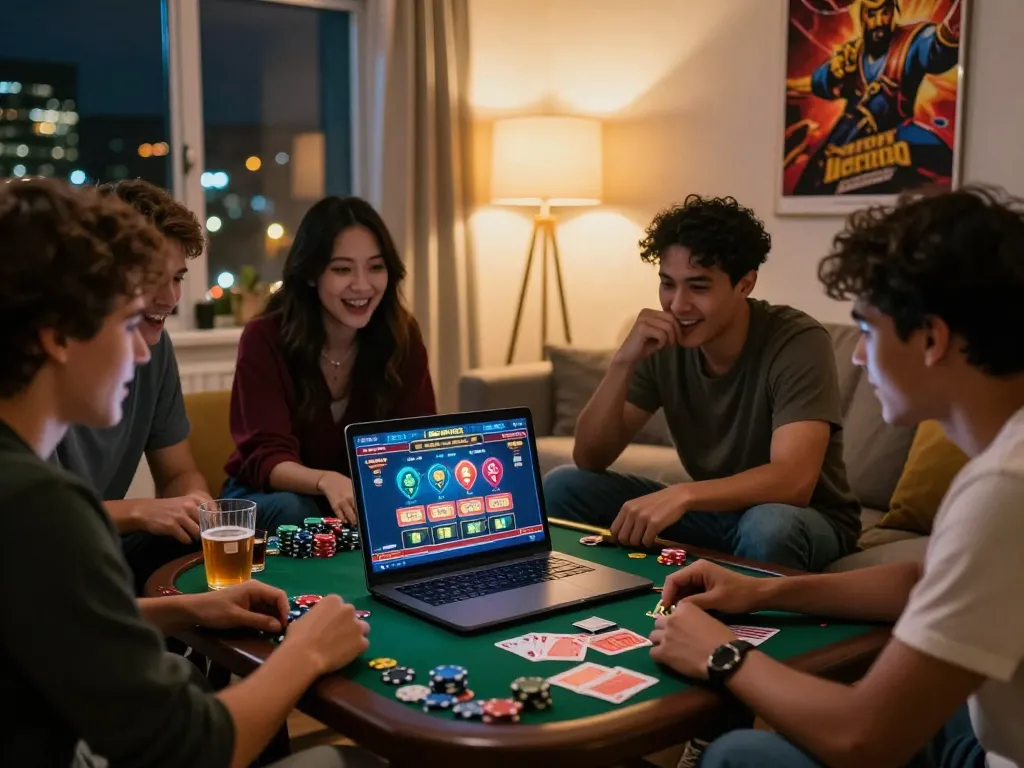 Friends engaged in online gambling activities with ligasedayu featuring excitement and gaming elements.