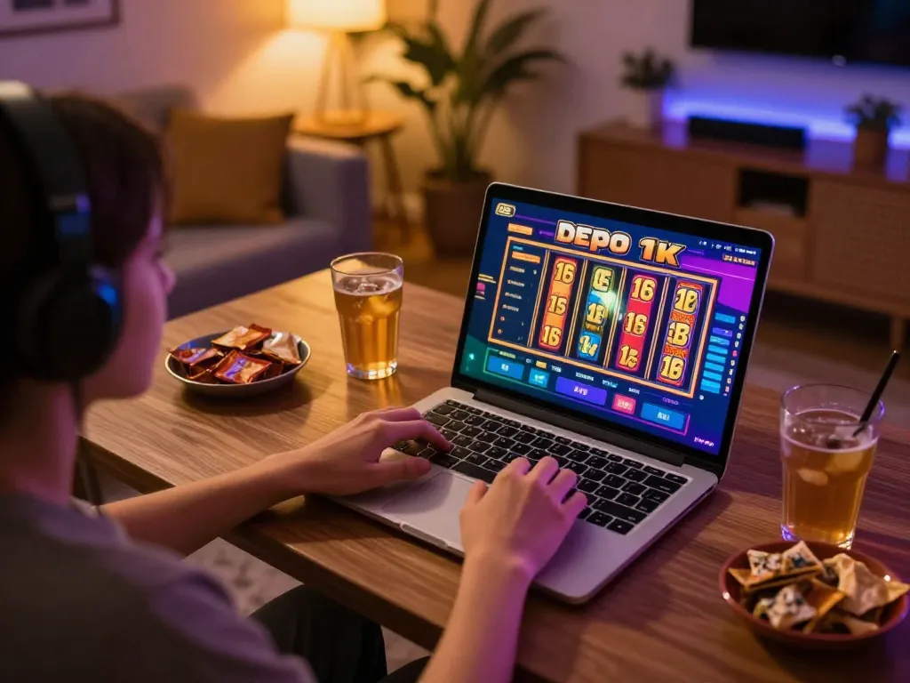 Engaging with slot depo 1k interface on a laptop at home, highlighting entertainment and strategy