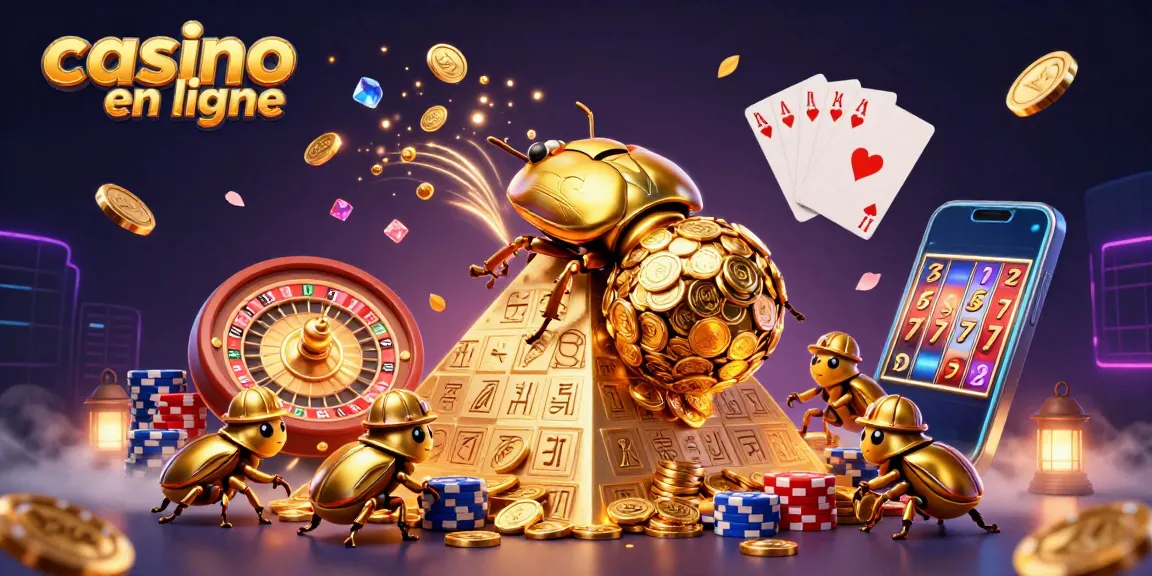 Casino en ligne : Illustration d'un scarabée doré roulant des pièces avec des symboles de casino.