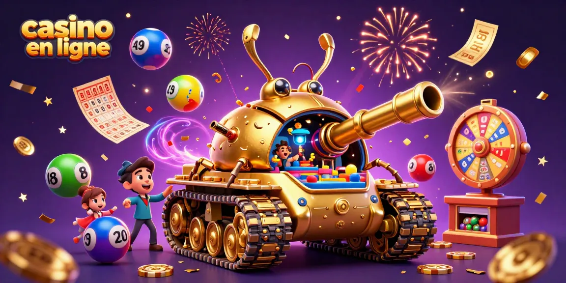 Casino en ligne avec un tank en or et des éléments de jeux animés, ambiance festive et dynamique.