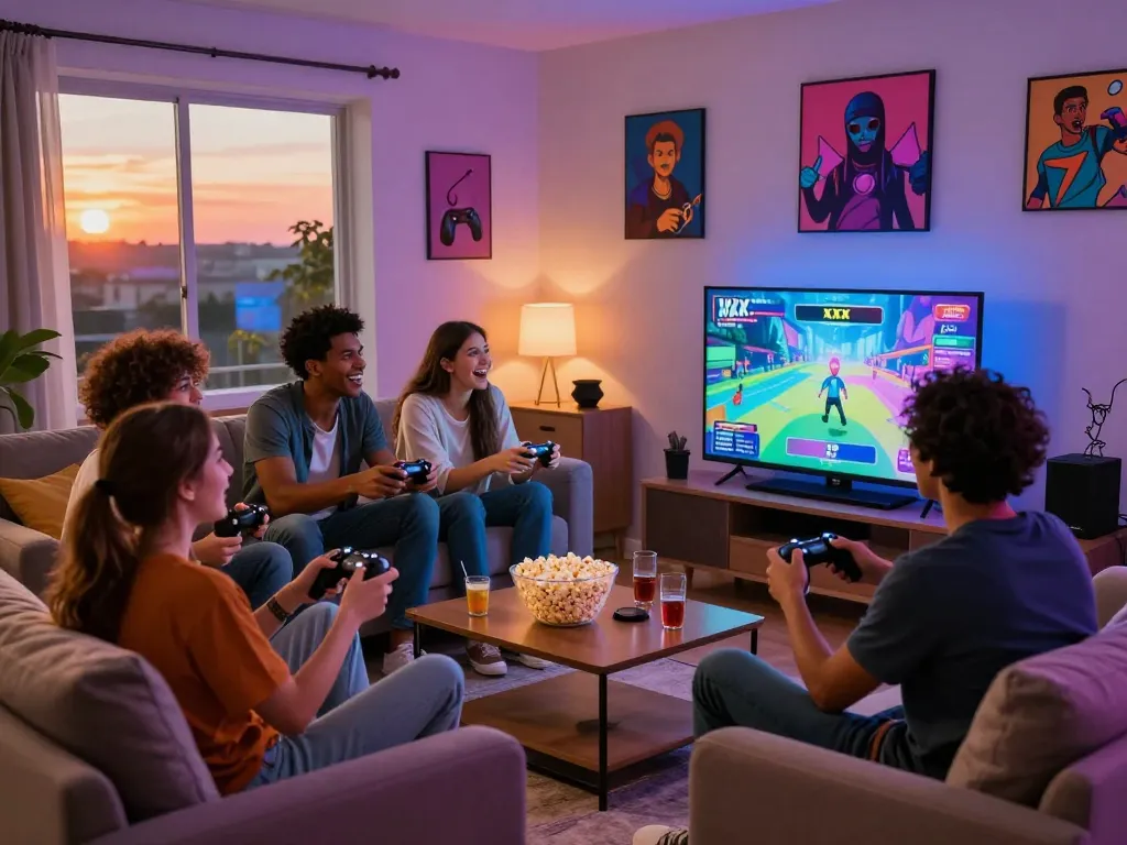 Group of friends enjoying an interactive xxx game in a cozy living room.