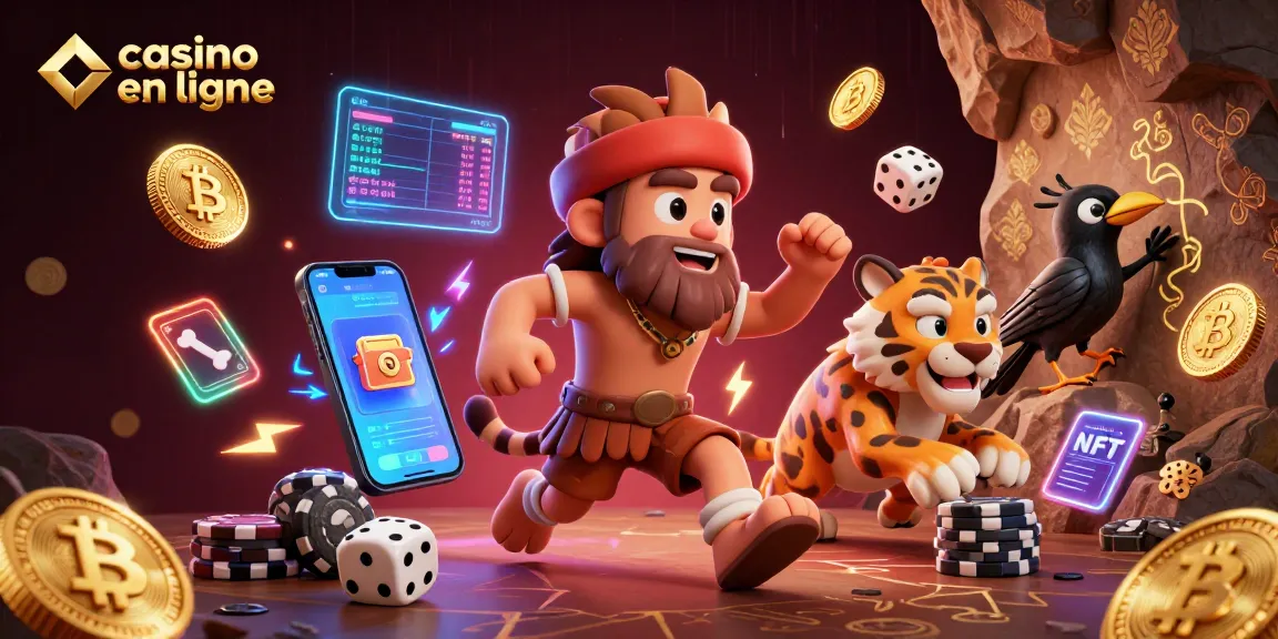 Casino en ligne : des personnages préhistoriques s'affrontent avec des jeux de dés et des jetons dans une ambiance animée.