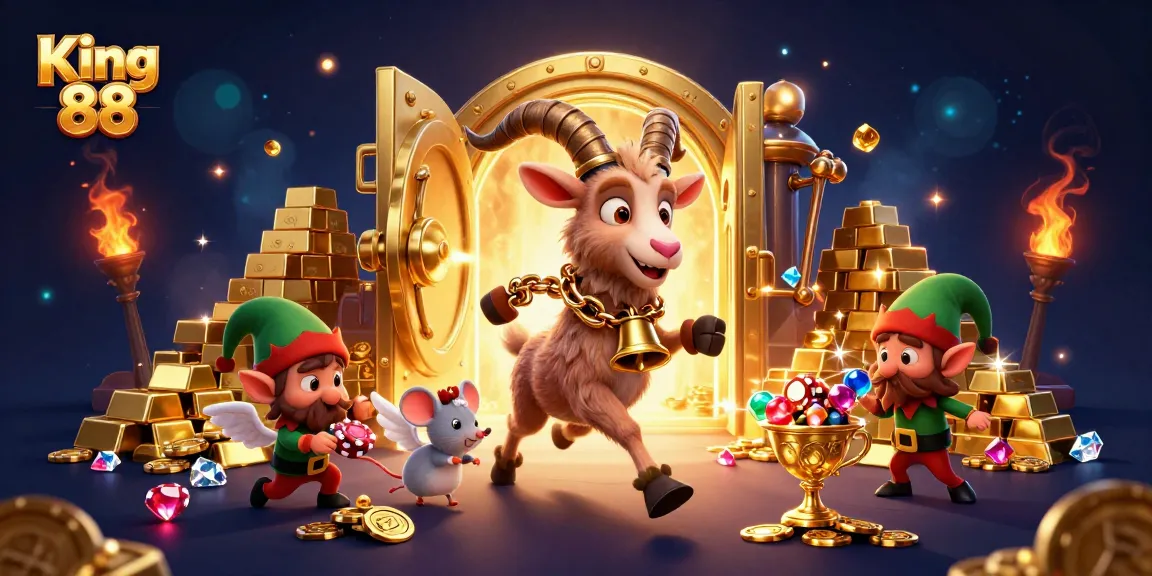 Experience the excitement with King 88 in a festive 3D casino illustration filled with treasures and challenges.