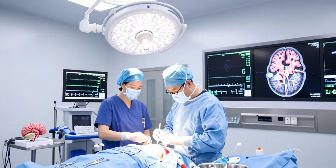 A neurosurgeon performing a beyin tümörü ameliyatı in a modern operating room, showcasing surgical precision and teamwork in action.