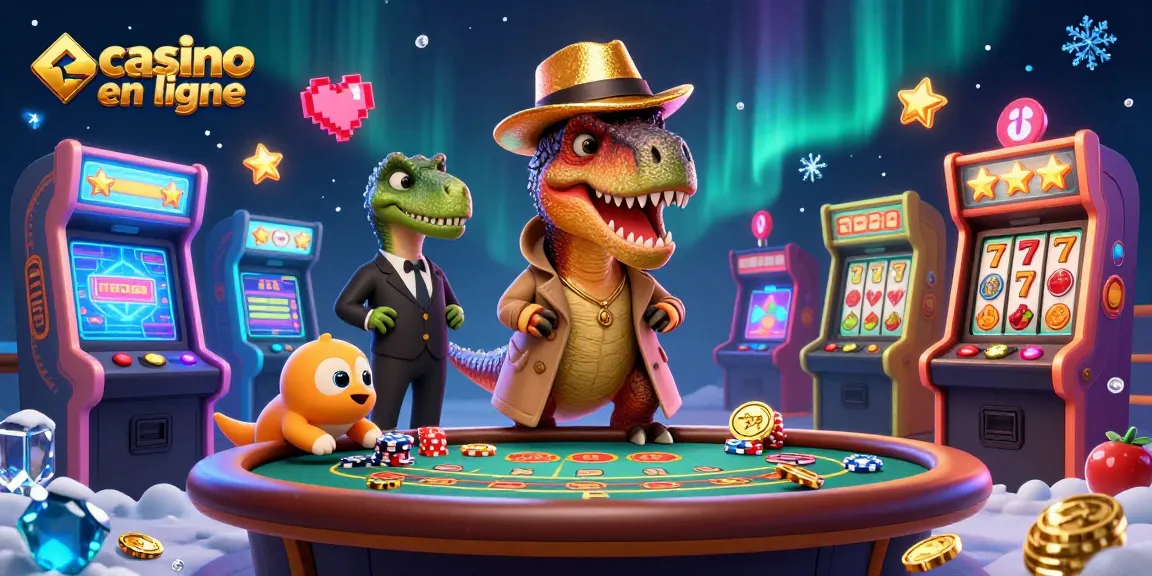 Vente au casino en ligne avec un velociraptor comptant les cartes et des éléments de jeu colorés autour.