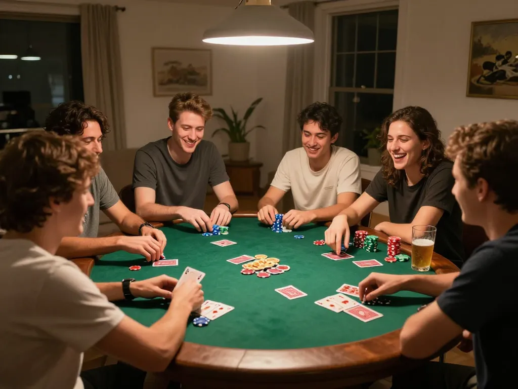 Enjoying a lively poker night with friends while playing mm88star games, vibrant scene with cards and chips.