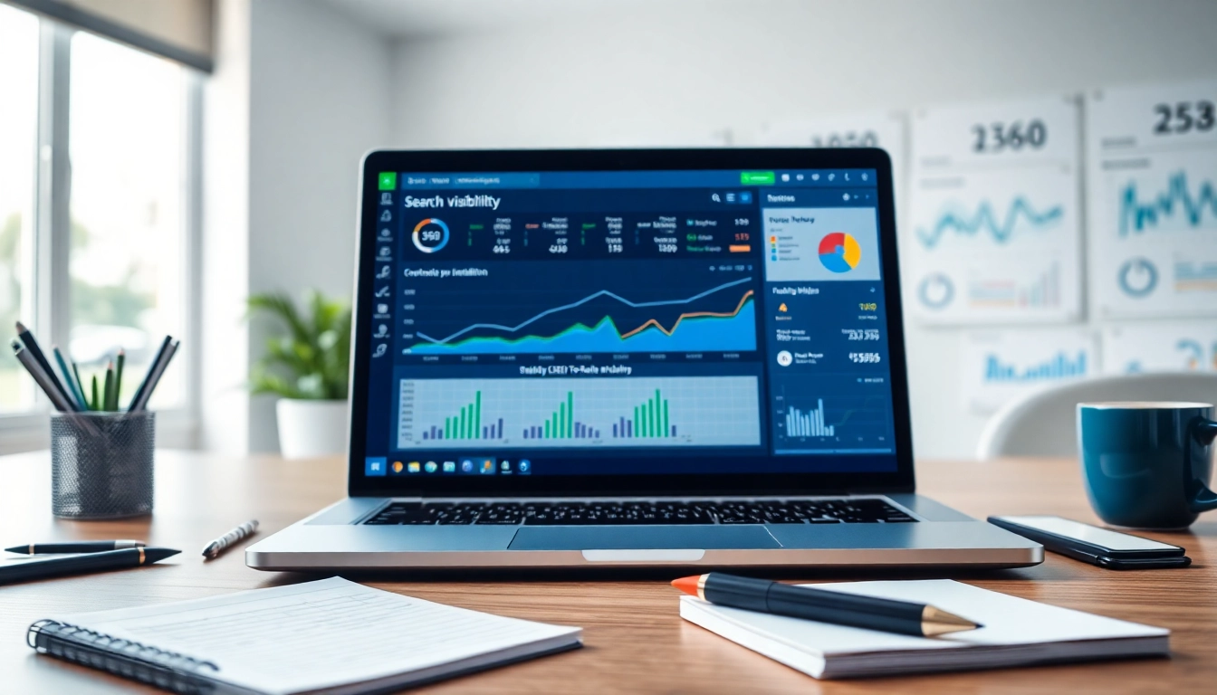Track important metrics with the SEO Rank Tracker displayed on a laptop amidst charts and graphs.