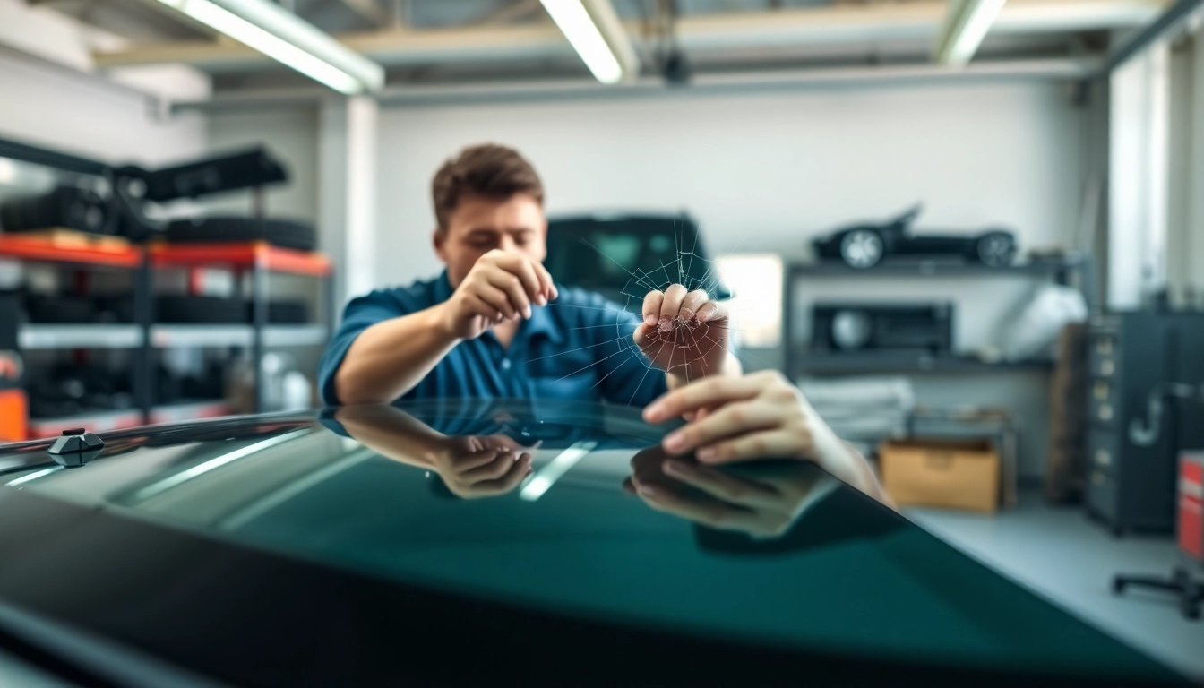 Technician performing windshield replacement Denver with precision and care on a vehicle.