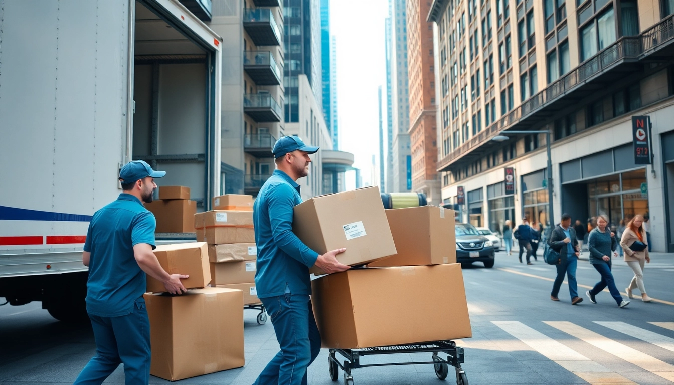 Chicago Movers expertly handling furniture in a vibrant city setting.