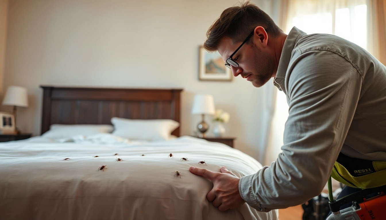 Bed bug exterminator inspecting a bedroom for pest control measures.
