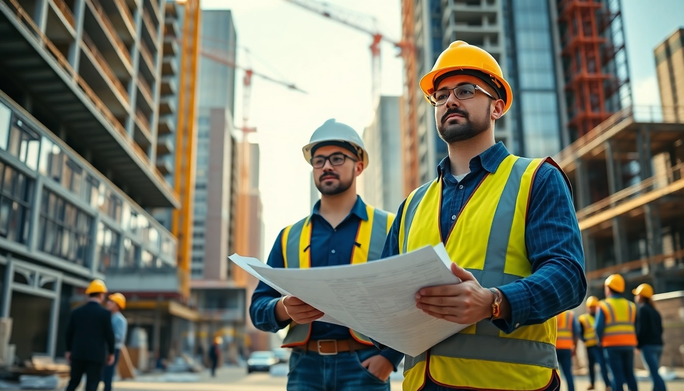 Manhattan Construction Manager directing a busy construction site with blueprints.