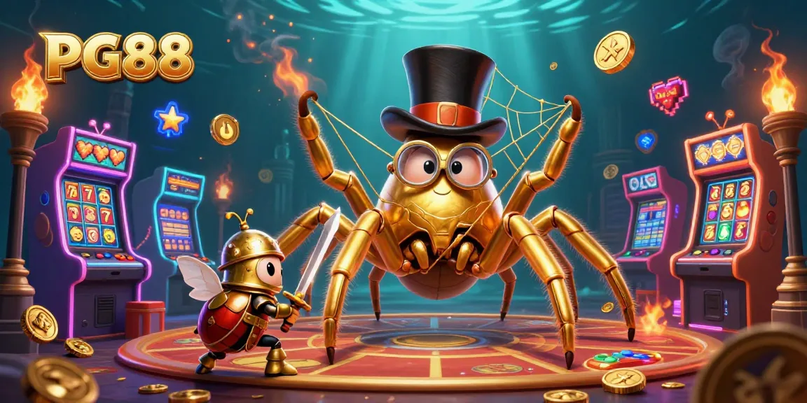 Spin the reels at PG88 with a vibrant 3D illustration of a golden tarantula and beetle knight.