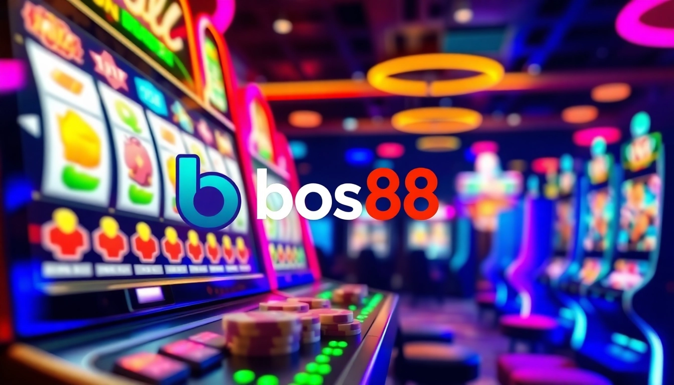 Menggambarkan keseruan bermain di bos88 dengan mesin slot dan efek cahaya yang ceria.