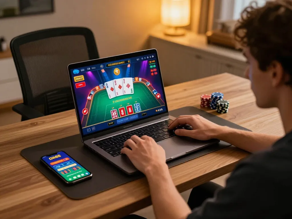 Engaging in live dealer games on DN88, showcasing a colorful casino interface on a laptop.