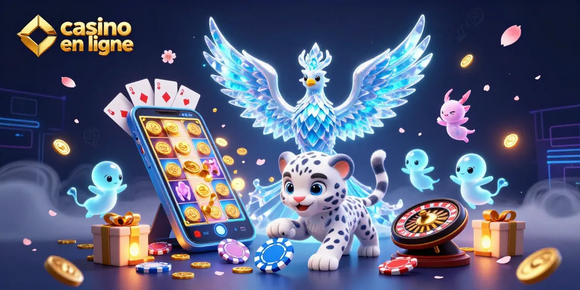 Jeu captivant sur casino en ligne avec un phoenix de glace, un léopard des neiges et des éléments de casino.