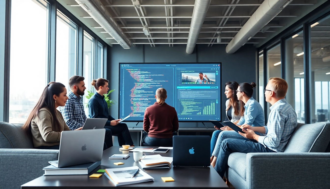 Dynamic collaboration at a web development company showcasing design and coding efforts.