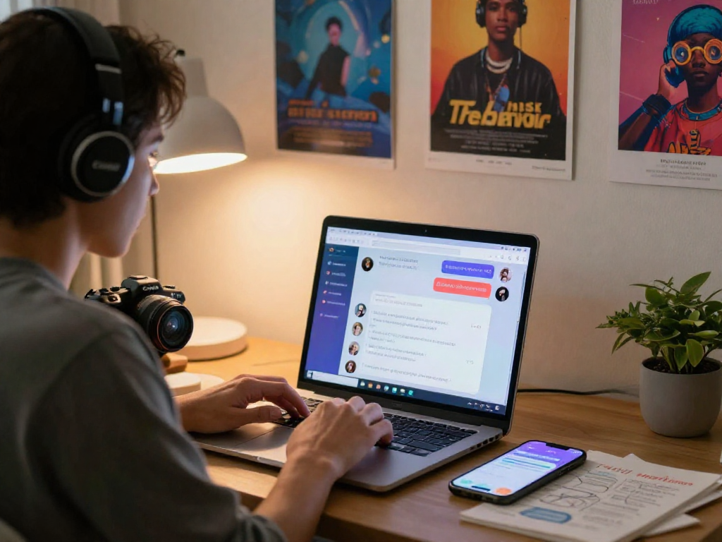 Engaging with an nsfw chat bot in a cozy home office setting.