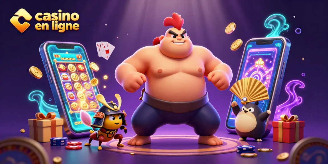 Une illustration 3D de personnages de casino en ligne avec un coq sumo et un criquet combattant.