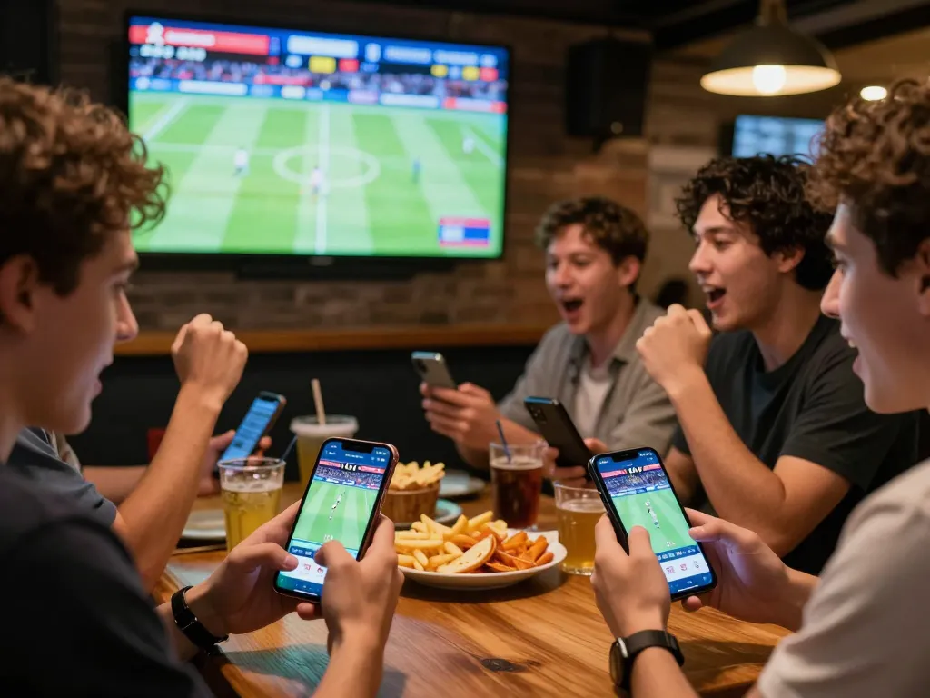 Friends using the kkwin app to place live bets during a sports game in a lively setting.
