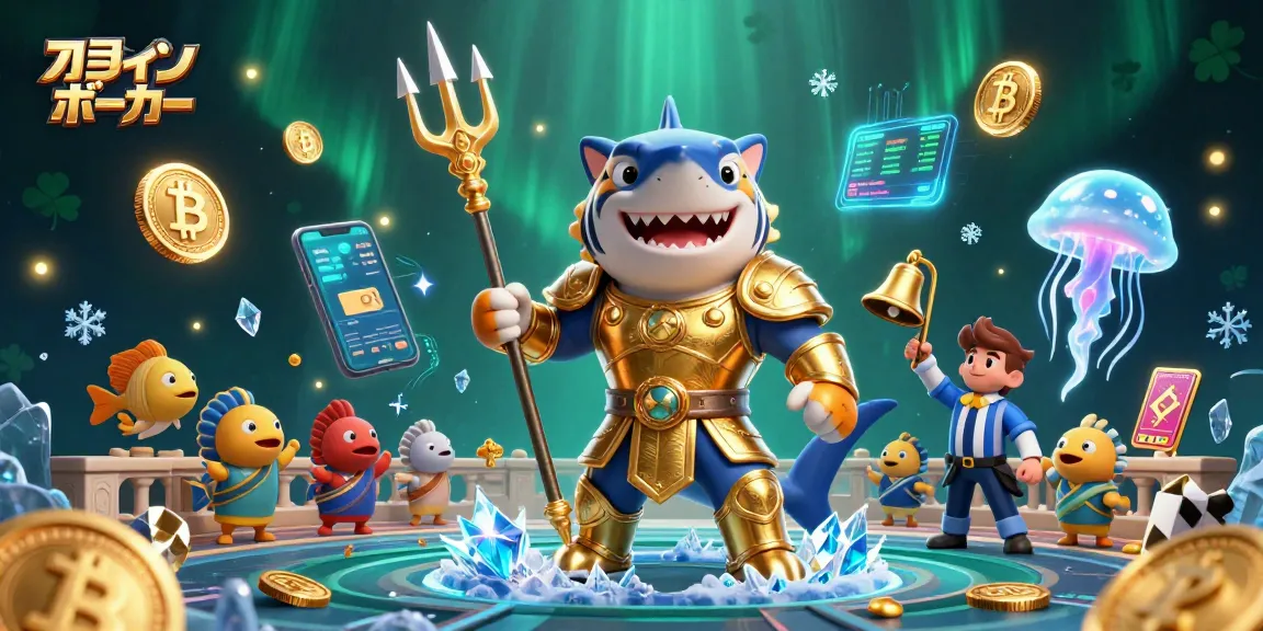 オンラインポーカーで勝利を追求する場面、3Dコンクリートシャークが黄金の剣を持って戦う。