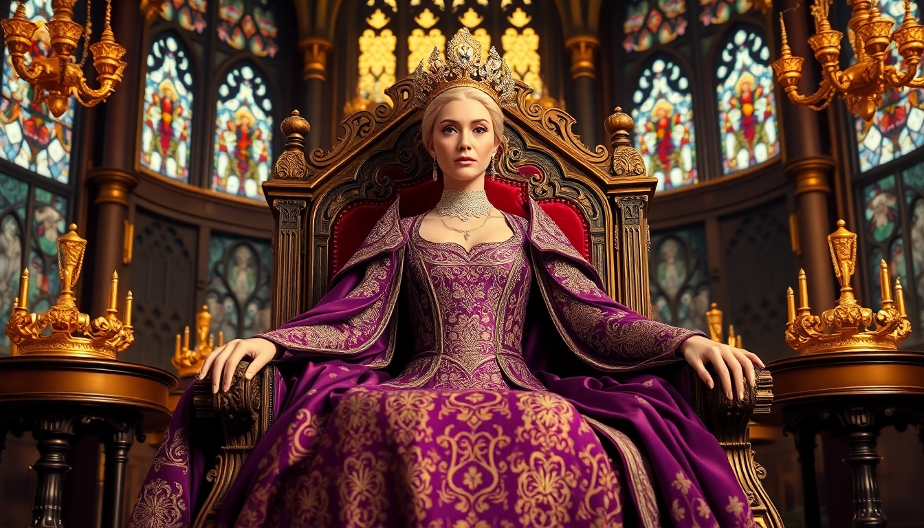 Empowering queen quotes illustrated with a majestic queen on a throne, showcasing royalty and strength.