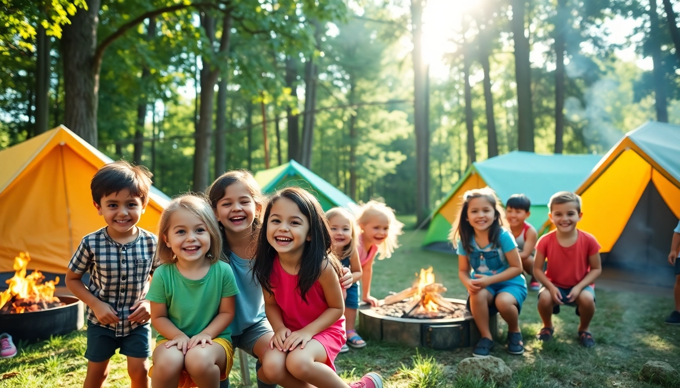 Kids experiencing their first time at overnight camps, enjoying activities in a vibrant outdoor setting.