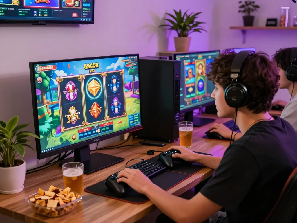 Player enjoying thrilling slot gacor games in a cozy home gaming setup