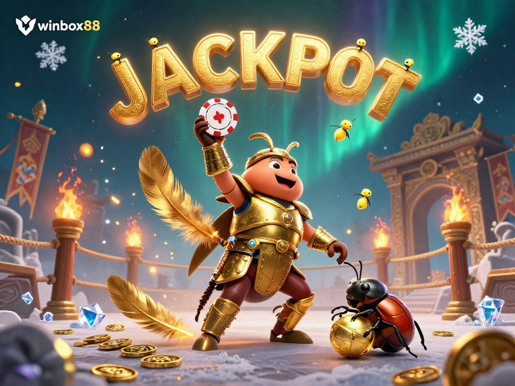 Celebrate big wins with winbox88 as cartoon beetles lift poker chips in an exciting casino scene.