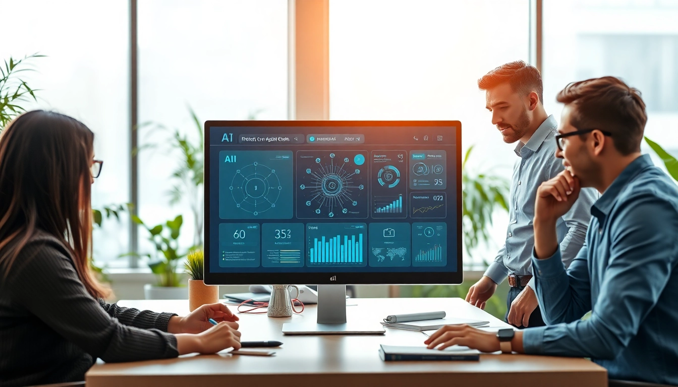 Engaging enterprise ai assistant interface assisting employees in a modern office environment.