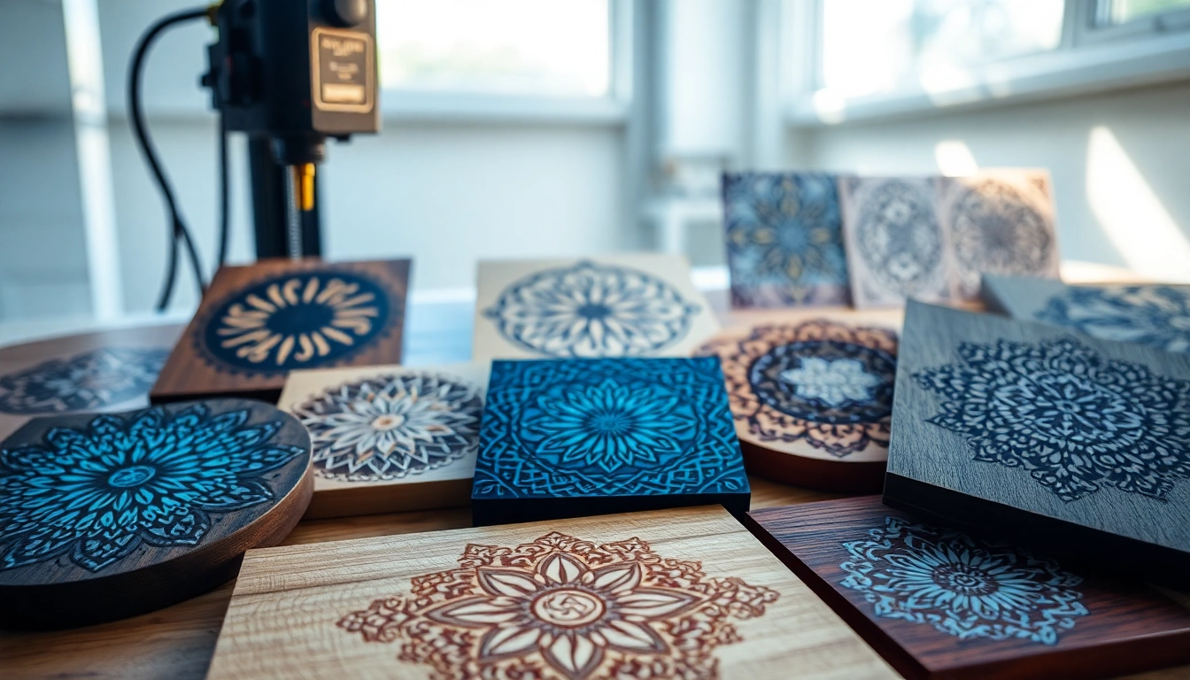 Showcasing intricate laser engraving designs on wood and acrylic materials with artistic details.