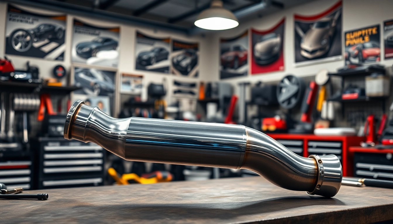Showcase the M5 downpipe with tools in an energizing automotive workshop environment.