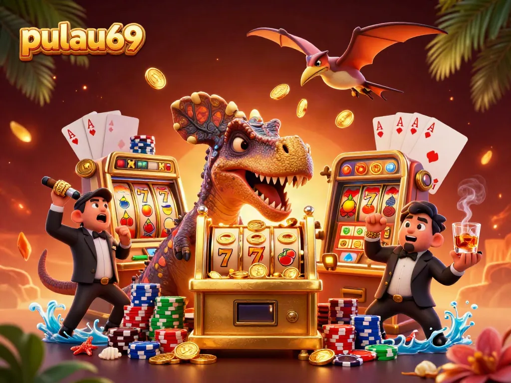 Catch pulau69 jackpot coins in a vibrant 3D casino scene featuring dinosaurs.