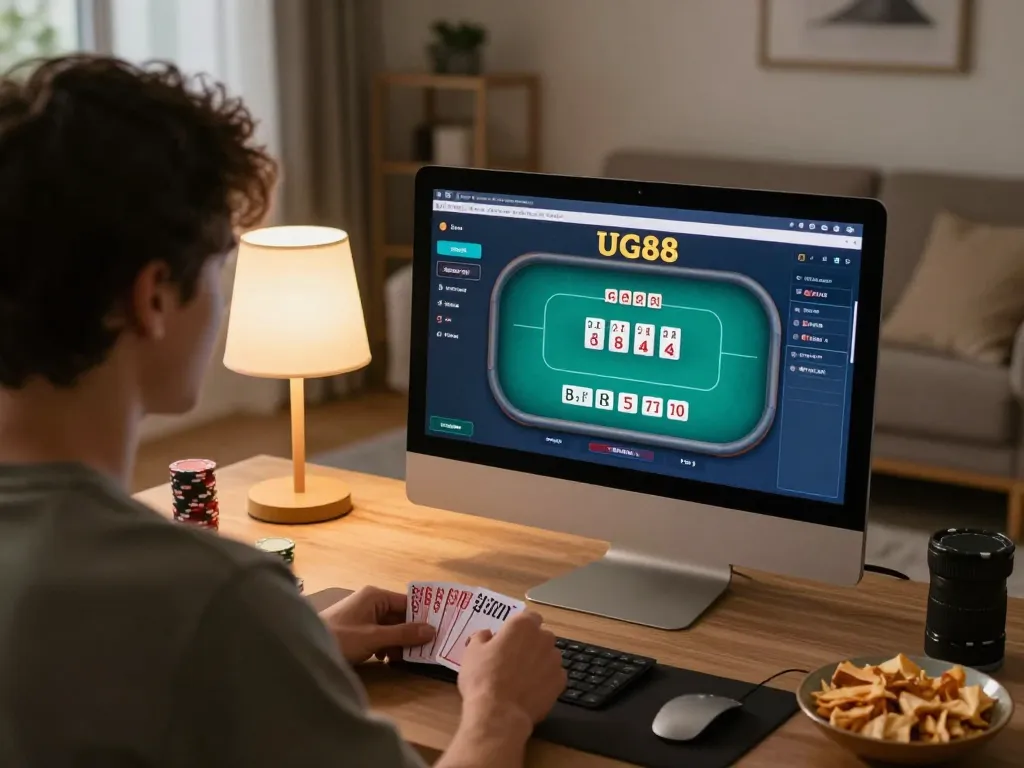 Engage in online poker at UG88 from a cozy home setup, showcasing an active gaming session.