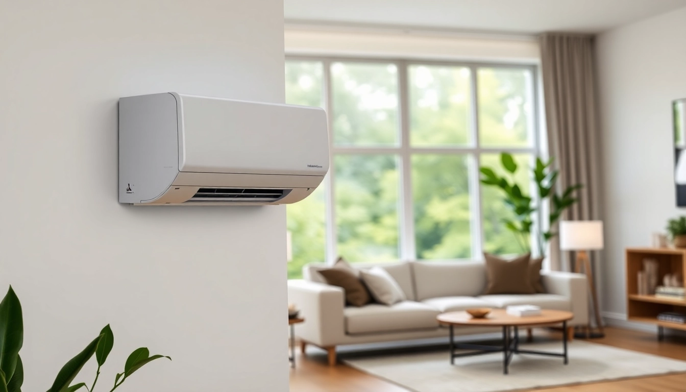 Mitsubishi mini split AC in a modern living room with elegant design and efficient functionality.