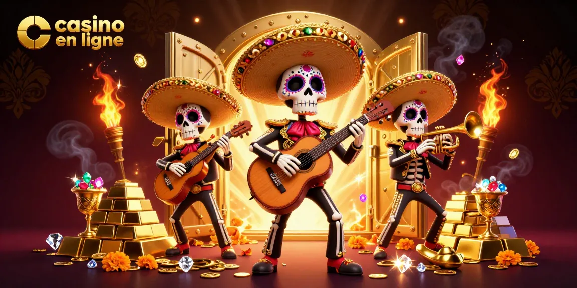 Vivez l'expérience d'un casino en ligne avec une scène festive des morts vivants jouant de la musique et entourés de trésors.