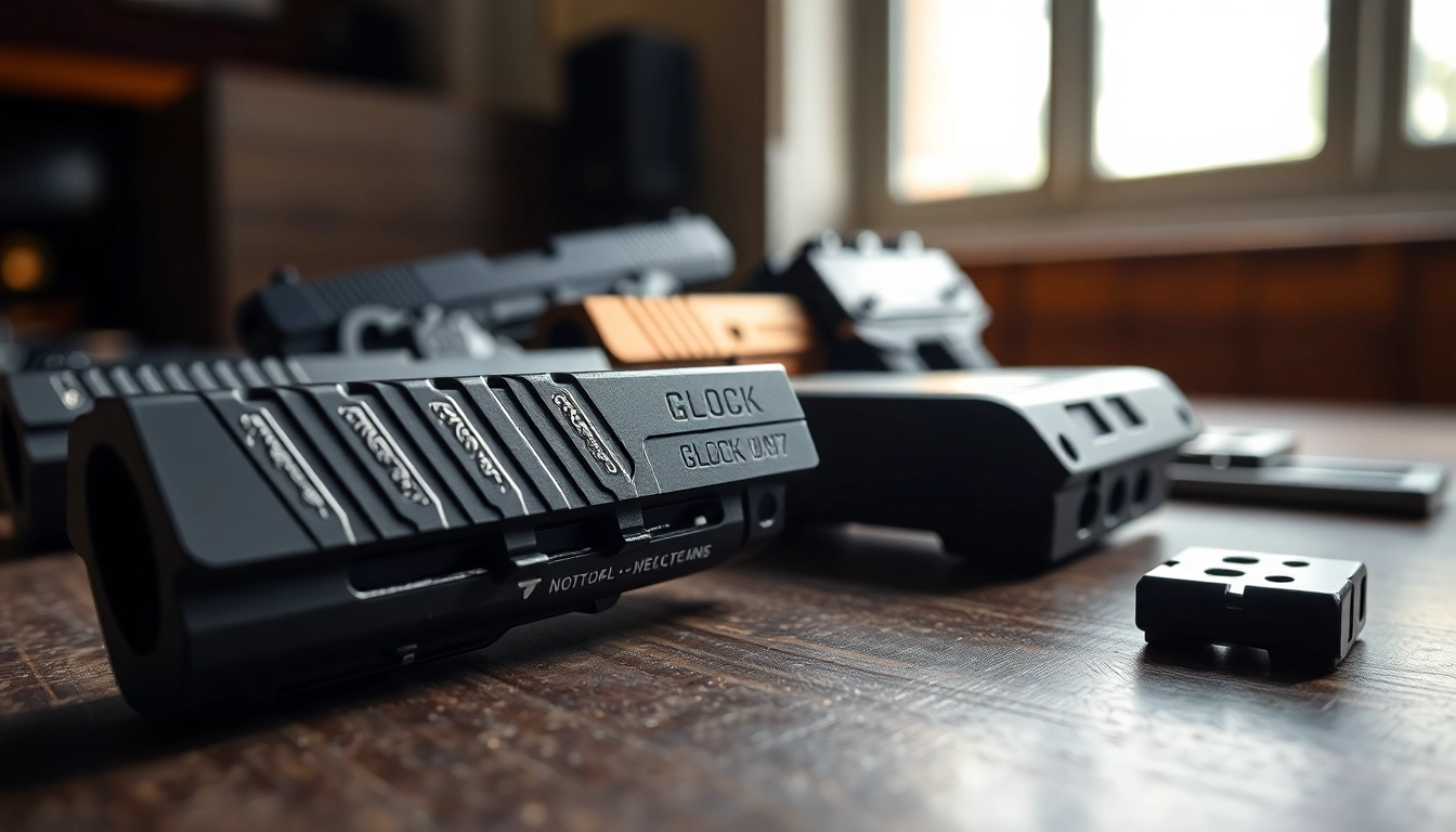 Custom glock slides displayed with unique designs and finishes for enhanced appeal.