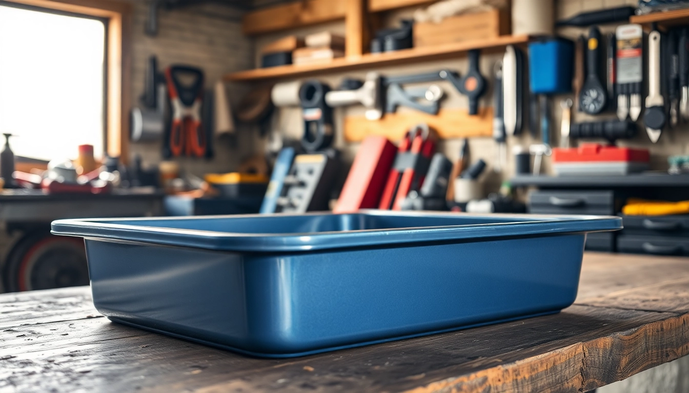 Oil drain pan showcased on a garage workbench, highlighting its durability and features.