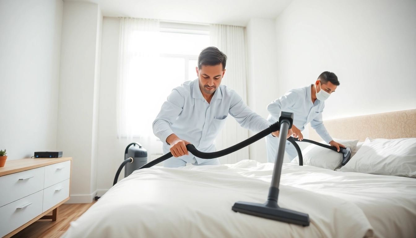Bed bug exterminators demonstrating professional techniques in bed bug removal.