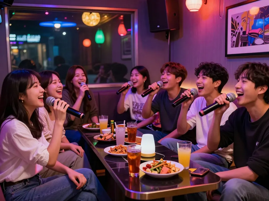 부평쓰리노의 프라이빗 노래방에서 노래 부르는 친구들, 화려한 조명과 축제 분위기가 축제를 더욱 즐겁게 만든다.