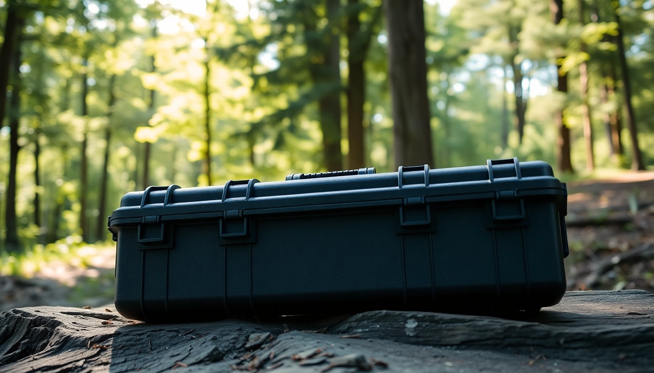 View of a pelican rifle case on a rustic surface surrounded by nature.