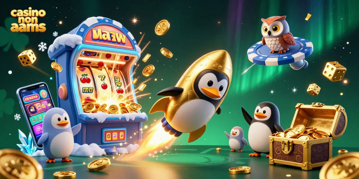 Riproduzione del casinò non AAMS con un pinguino dorato che vola verso una stazione spaziale a forma di gettone, circondato da elementi di gioco.