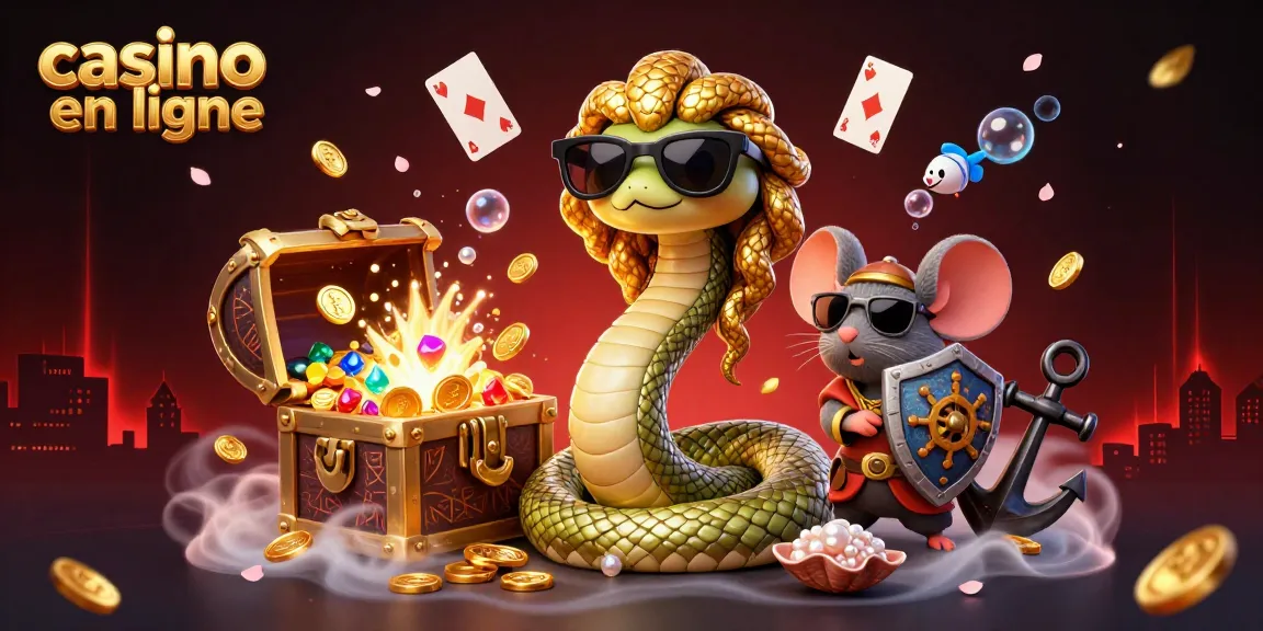 Plongez dans un monde vibrant de jeux avec cette illustration de casino en ligne montrant Méduse et un guerrier souris, entourés de trésors sous-marins.