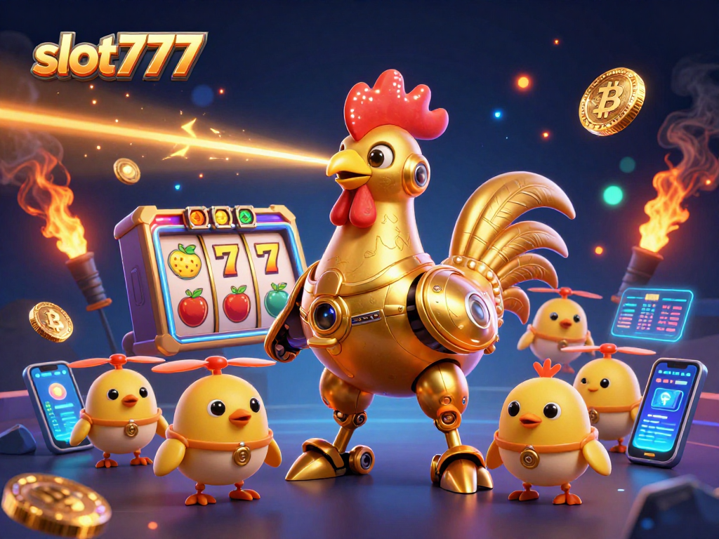 Play slot777 with a golden rooster robot and baby chick drones amid vibrant slot game elements.
